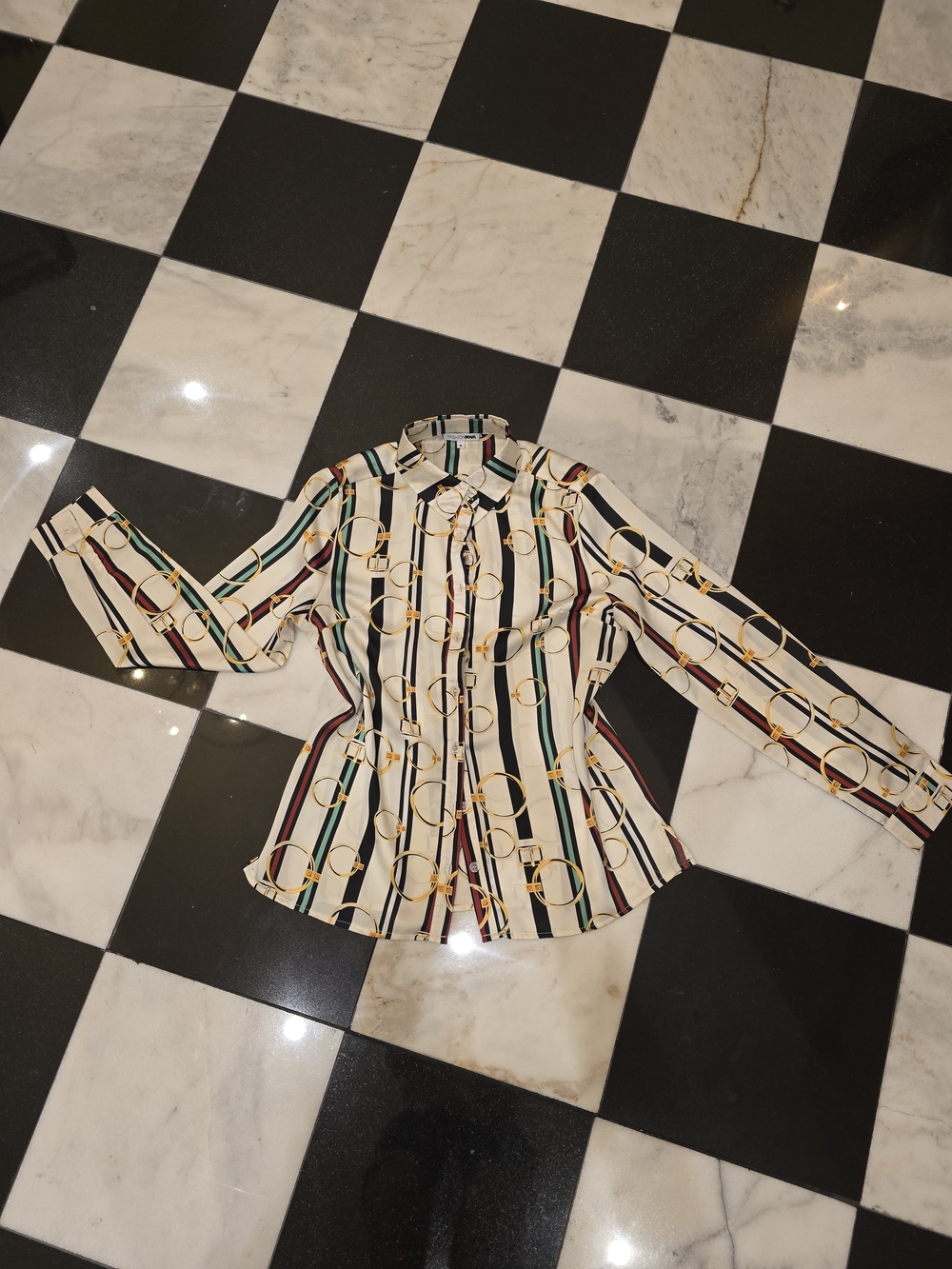 Fashion Nova Striped Cream Button-Down Shirt with Gold Ring Print